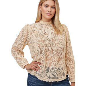 Romantic Torrid Size 3 Beige Mixed Lace High Neck Top Embroidered Neckline